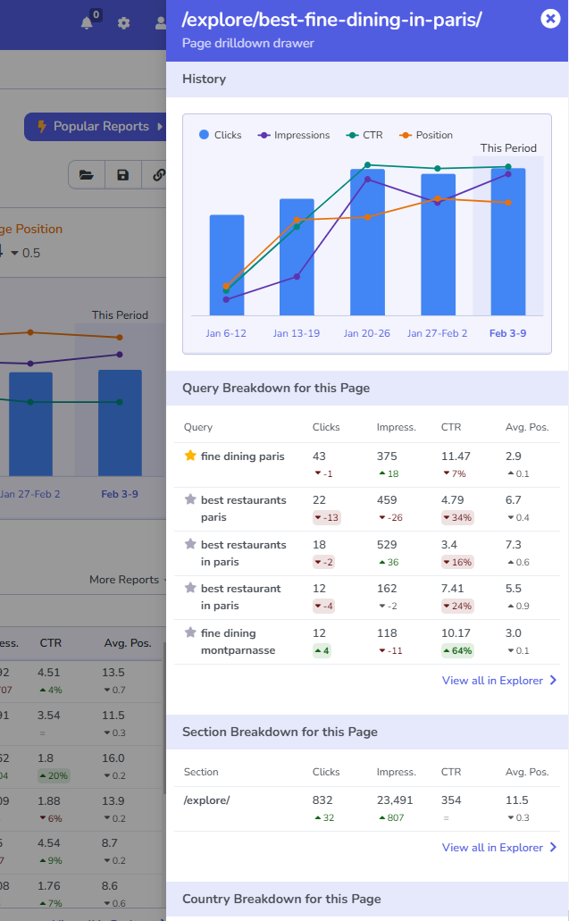 Open the drilldown drawer for any keyword, page, section, device or country.