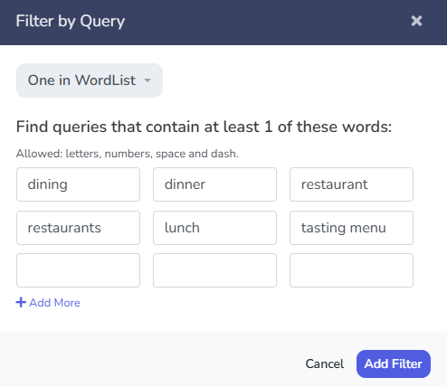 Query has to contain one of these words. Query has to contain one of these words.