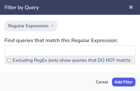 Find queries by custom regular expression.