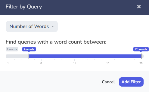 Find longtail keywords with the wordcount filter.