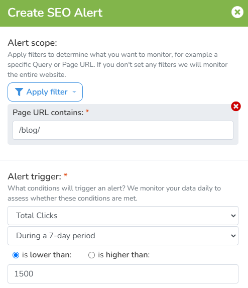 SEO Alert monitoring click drops for a site section.